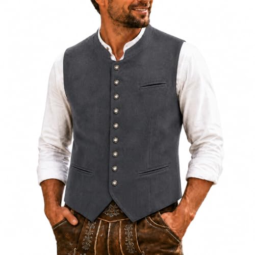 Didadihu Trachtenweste Herren für Oktoberfest Outfit, Weste Herren Tracht mit Stehkragen, Knopfleiste und Taschen, Trachten Weste Männer für Wiesn Volksfest Hochzeit,Grau,S
