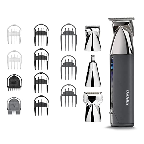 BaByliss Super-X Metal 15-in-1- Multi-Trimmer – Kabelloses Grooming-Kit inklusive Barttrimmer und Nasenhaarschneider, wasserdicht, Geschenk für Männer, Silber/Grau, MT996E