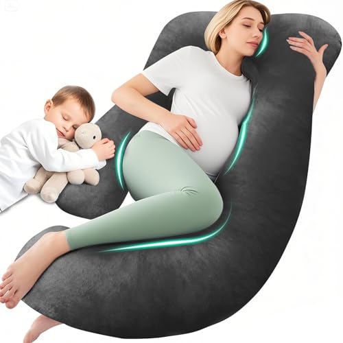 Chilling Home Schwangerschaftskissen J Form, Seitenschläferkissen mit Bezug J Kissen Stillkissen Groß Lagerungskissen, Kissen für Frauen und Seitenschläfer（Helles Schwarz,Samt）
