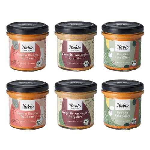 NABIO | Käse-Liebe-Box mit drei verschiedenen vegetarischen Brotaufstrichen I Je 2x Tomate Ricotta Basilikum, Paprika Feta Olive und Gegrillte Aubergine Bergkäse I (6 x 135g)