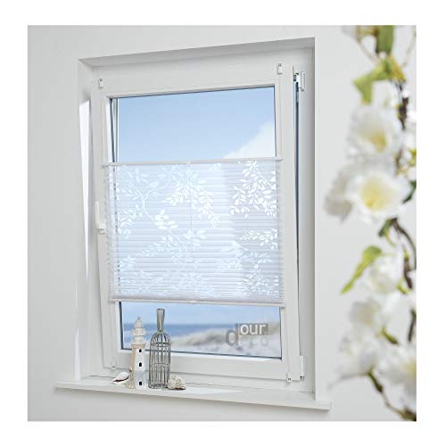 ourdeco® Plissee Ausbrenner / 55 x 130 cm (Breite x Höhe) / Farbe: weiß; lichtdurchlässig, Motiv Ranke Blatt/Klemmen, Montage ohne zu Bohren, Klemmfix-Plissee, Easy-to-fix