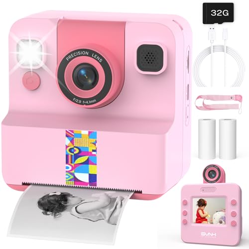 SYLVANTHOS Kinder Sofortbildkamera, 1080p Sofortdruck Kamera für Kinder, 180° drehbares Selfie Objektiv mit 32GB SD-Karte Geschenk für Jungen & Mädchen (3–12 Jahre), Rosa