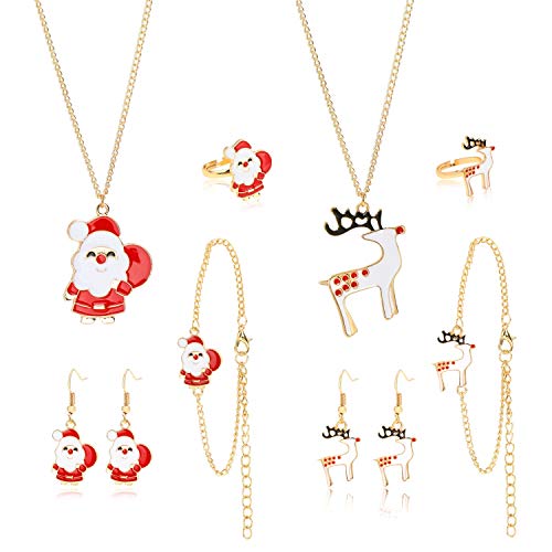 HOWAF 10pcs Weihnachten Schmuck Sets für Kinder Mädchen, Weihnachten Halskette Armbänder Ringe Ohrringe Anhänger Zierschmuck zum Mädchen Weihnachten Adventskalender Geschenk Dekoration Zubehör