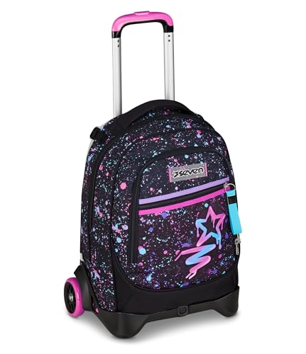 Seven Schulranzen mit Trolley-Funktion New Tech, Rucksack mit Rollen, zum Ziehen, für Schule Sport Freizeit, ab 1. Klasse, für Mädchen und Jungen, gepolsterter Rucksack,mit Laptopfach, violett
