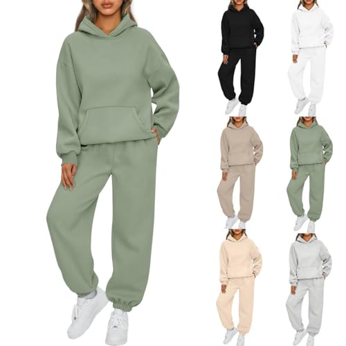 Earnmore Damen Hausanzug mit Kapuze 2 Teile, Damen Jogginganzug Set Sweatshirt mit Hose Elegant Freizeitanzug,Sport Hosenanzug Langarm Hoodie Hausanzug (Grün,M)