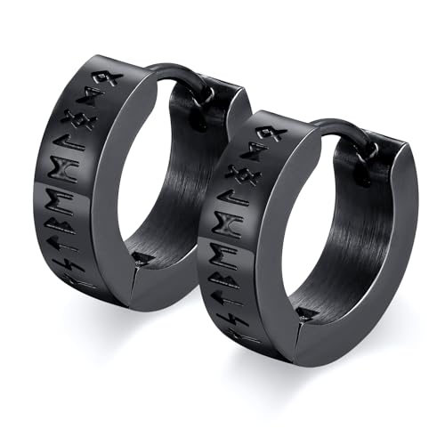 FLHEART Nordischer Wikinger Hoop Ohrring Herren - Amulett Schutz Schmuck Geschenke Edelstahl Herren Ohrstecker mit Nordic Elder Futhark Runen,Schwarz,1 Paar,