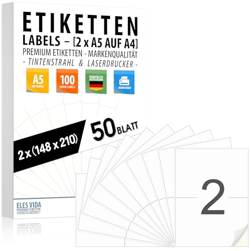 50 Blatt selbstklebende DIN A5 VERSANDEIKETTEN Versandaufkleber auf A4 - (100 Labels) - (2 pro A4 Bogen) 210 x 148 mm, bedruckbar, matte weiße Oberfläche, für Inkjet- und Laserdrucker MADE IN GERMANY