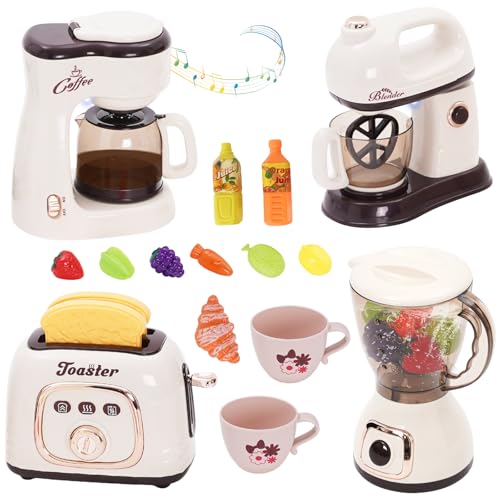 Kinder Küchengeräte Set mit Kaffeemaschine Mixer Toaster Rührgerät, Kinderküche Zubehör Spielzeug Spielküche Lebensmittel mit Licht und Sound Rollenspiele Geschenke Mädchen Junge ab 3 Jahre