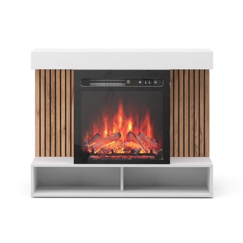 Vicco Elektrokamin Lynea, Weiß, 100 cm mit realistischem Flammeneffekt und Heizung 1800W, zur Wandmontage oder freistehend nutzbar