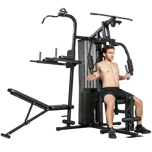 SPORTNOW Kraftstation Fitnessstation mit Latzug Butterflystange 69kg Gewichten, Seil, verstellbar Bank, Multifunktion Multistation bis zu 120kg belastbar Fitnessgerät Trainingsstation für Zuhause