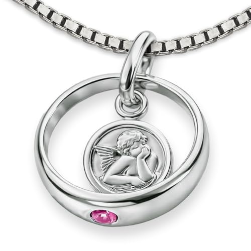 CLEVER SCHMUCK Taufkette mit Schutzengel Ø 12 mm Engel rund mit Zirkonia rosa und Veneziakette 36 cm 925 Sterling Silber Taufgeschenk für Mädchen im Taufe Etui