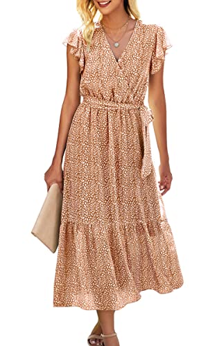 ASOMI Kleid Damen Sommer Boho: Blumen Herbst Wickelkleid Frühling Mode Lang Maxikleid V-Ausschnitt Casual Kurzarm Strandkleid Langarm Rüschen Freizeitkleid mit Gürtel 121 Kaffee 38