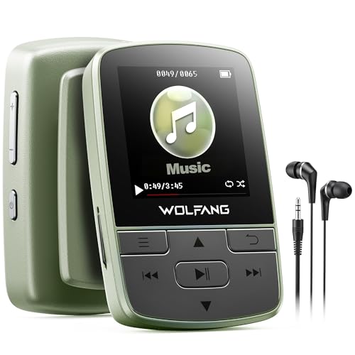 WOLFANG 64 GB MP3-Player mit Bluetooth 5.2, Sportclip, Mini-Größe, Gewicht 28,3 g, HiF-FM-Radio, Diktiergerät, Kopfhörer im Lieferumfang enthalten, Armeegrün