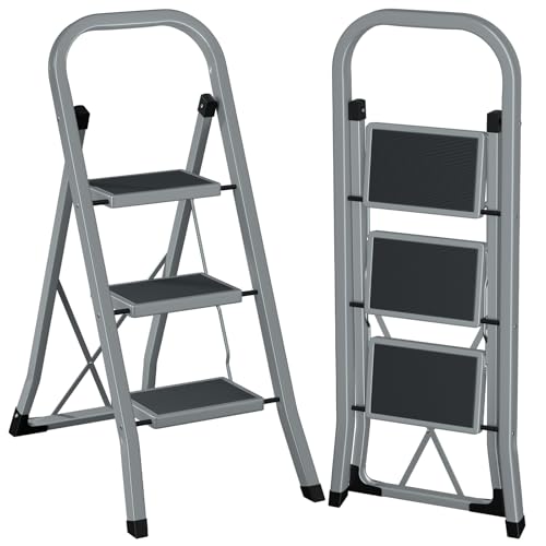 AMHANCIBLE Trittleiter, Leiter mit 3 Stufen, bis 150 kg belastbar, Klapptritt mit breitem Anti-Rutsch-Pedal und Klappsicherung, Einfach zu Verstauen, Perfekt für Küche & Haushalt, Taubengrau EBSL03GY