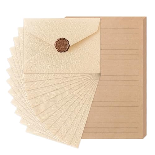 12 Stück Vintage Briefpapier mit Umschlag Set, 12 Briefumschläge, 24 Briefpapier Liniert und 12 Wachssiegel-Aufkleber, für Liebesbrief, Hochzeit, Geburtstag, Grußkarten (B)