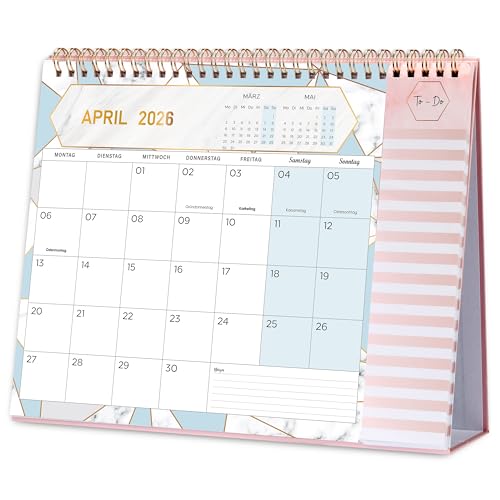 Tischkalender 2026-12 Monatskalender 2026, Tischkalender von JAN. bis DEZ. 2026, Kalender 2026 tischkalender mit Aufgabenliste, 26.7 x 21.8 x 7.8 cm - Rosa