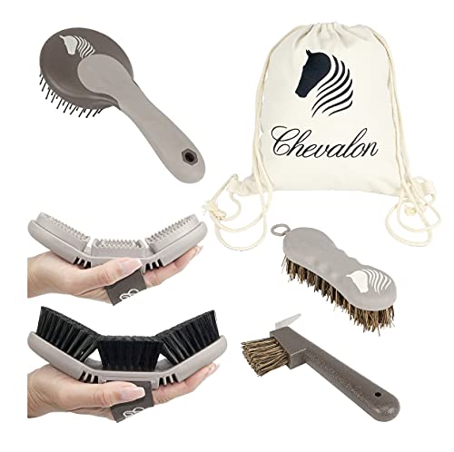 Chevalon Pferde Putzset | Flexible Kardätsche | Striegel/Massagebürste | 2in1 Hufkratzer mit Edelstahl-Pick | Mähnen- Pferdebürste | Hufbürste | Putztasche für Pferde Zubehör/Pferdeputzzeug Set