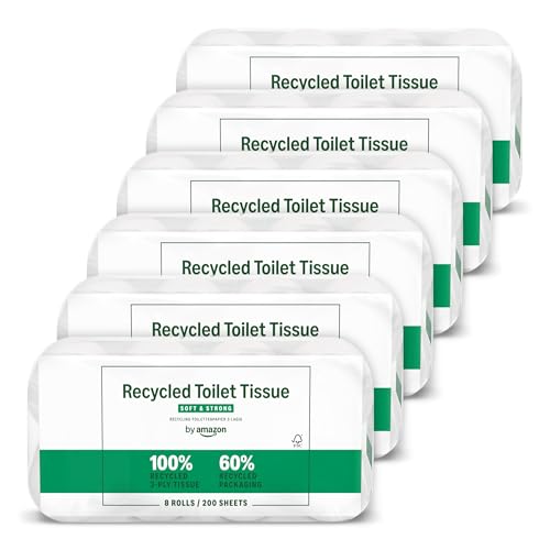 by Amazon Recyceltes Toilettenpapier, 100% recycelte Fasern, 3-lagig, 200 Blatt, 48 Rollen (6 Pack à 8 Rollen), FSC-zertifiziert