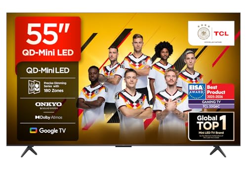 TCL 55 Zoll 55Q6C QLED Mini LED Fernseher, 4K HDR Premium, Dolby Vision IQ & Atmos, Onkyo 2.1, Smart Google TV, 144Hz Motion Clarity Pro, AMD FreeSync Premium Pro, HDMI 2.1, AirPlay 2