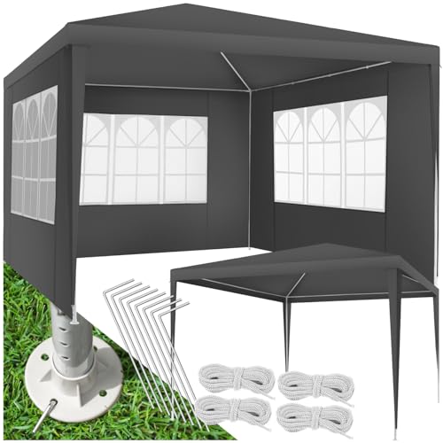 tectake® Pavillon 3x3 m, Zelt groß, wasserdicht, für Garten und Camping, Gartenpavillon, Partyzelt, Event Shelter, Festzelt, Gartenpavillon 3x3 m mit 3 Seitenwänden mit Fenstern, inkl. Heringe - grau