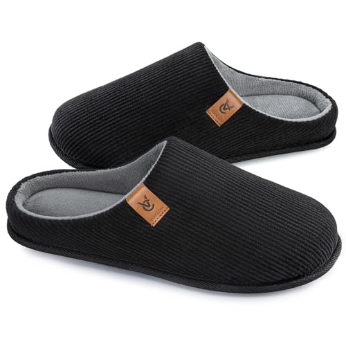 VeraCosy Herren Cord Pantoffeln gemütlich Anti-Rutsch-Gedächtnisschaum Hausschuhe mit Koralle Fleece-Futter Dunkles Schwarz,42-43 EU