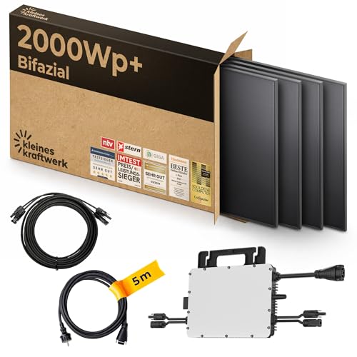 Kleines Kraftwerk 2000W Balkonkraftwerk XL Komplettset – 800W Wechselrichter mit WiFi & Bluetooth, 4×500W bifaziale Solarmodule, 5 m Kabel, Steckdose – Solaranlage Balkon ohne Halterung
