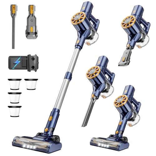 Vortisys Akku Staubsauger 45KPa / 350W, Staubsauger Kabellos mit 4 × HEPA, V-förmige Anti-Tangle-Bürste, HEPA-Filtration, 6-in-1 Staubsauger für Tierhaare/Teppiche/Auto