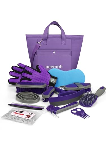 Ueemph Pferdepflegeset (13-teilig): Bürsten, Aufbewahrungstasche, Schweißschaber, Mähnenkamm, Fellpflege-Handschuhe – Lila Pferde-Geschenke für Mädchen