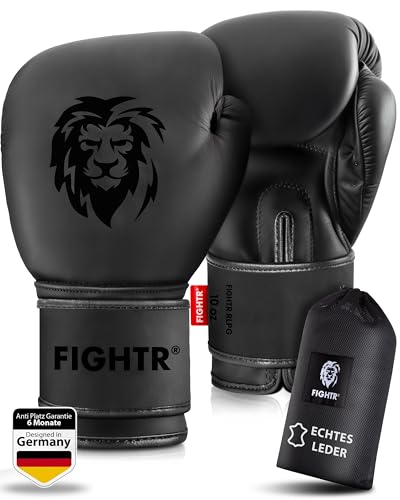 FIGHTR® Profi Boxhandschuhe aus echtem Leder | Männer und Frauen | für Boxen, MMA, Muay Thai, Kickboxen & Kampfsport 10 12 14 16 oz | inkl. Tragetasche (All Black, 16 oz)
