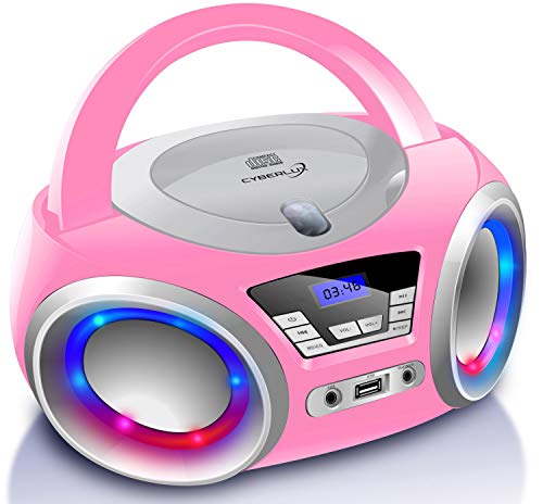 Cyberlux CD-Player mit LED-Beleuchtung, Kopfhöreranschluss, tragbares Stereoradio, Kinderradio, Stereoanlage, USB, CD/MP3-Player, UKW-Radio, Kopfhöreranschluss, Aux in Pretty Kitty Pink