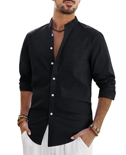 J.VER Leinenhemd Herren Langarm Baumwolle Stehkragen Sommer Langarmshirt