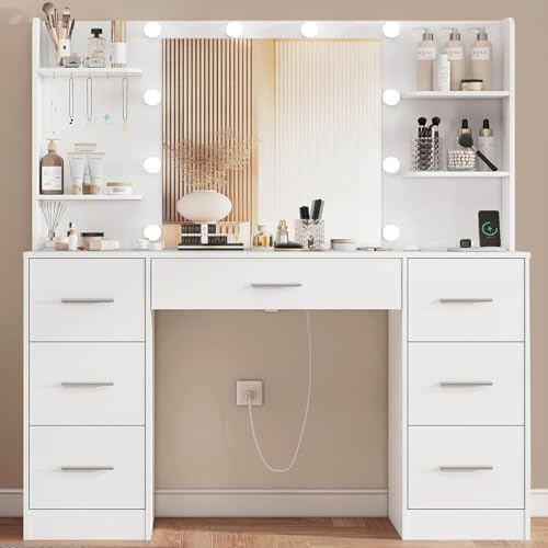 TEENFON Große Schminktisch mit verstellbaren LED-Beleuchtung und Steckdosen, Schminktisch mit Spiegel, 7 Schubladen, 4 offenen Ablagen und 5 Schmuckhaken für das Schlafzimmer, Weiß