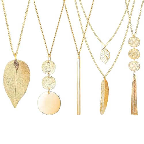 LIUYIDM 5 Stück Modeschmuck Kette,Kette Lang,Lange Ketten,Lange Pullover Halsketten,Feder Kreis Blatt Schloss Quaste Y-Halskette Schmuck-Set,Lange Kette Gold,Modeschmuck Set
