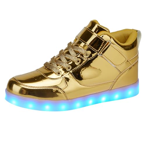 SANYES USB-Aufladung, leuchtende Schuhe, Sportschuhe, LED-Schuhe, Tanz-Sneaker, Gold High Top, 9 Women/7.5 Men