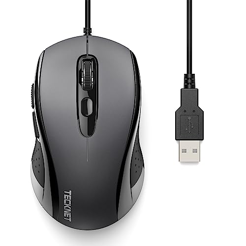 TECKNET Maus mit Kabel, 6400DPI Optical Business Mouse Ergonomische Kabelgebundene Maus mit 6 Tasten, 4 Verstellbare DPI Level, USB-Plug & Play, für Laptop/PC/Mac - Grau