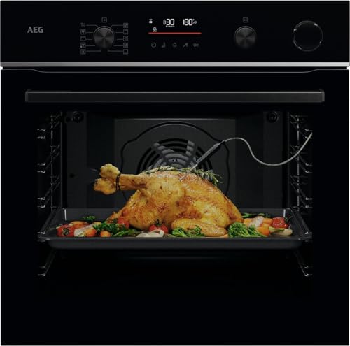 AEG Wifi Einbaubackofen, Serie 6 LED-Touchdisplay, Pyrolyse Selbstreinigung, 25% Dampfunterstützung: Außen Knusprig & Innen Saftig, Kerntemperatursensor für punktgenaues Garen, TR6PB50WSB