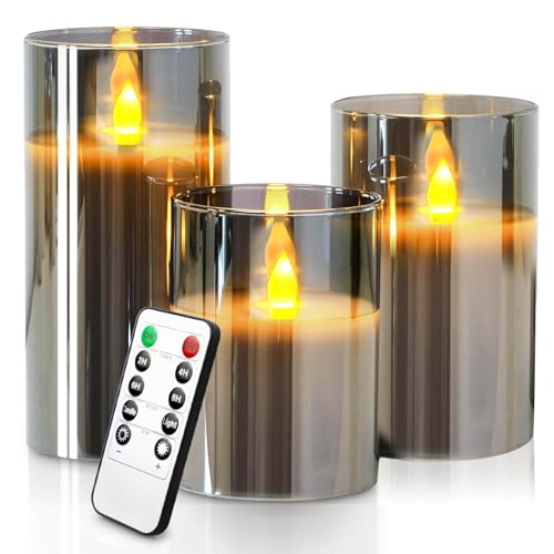 Yinuo Mirror Led Kerzen mit Timerfunktion, Flackernde Flamme, mit Fernbedienung, Bad Deko, Deko Wohnzimmer, Tischdeko Wohnzimmer, Größe 10/12,5/15cm Hoch, 7,5 cm Durchmesser