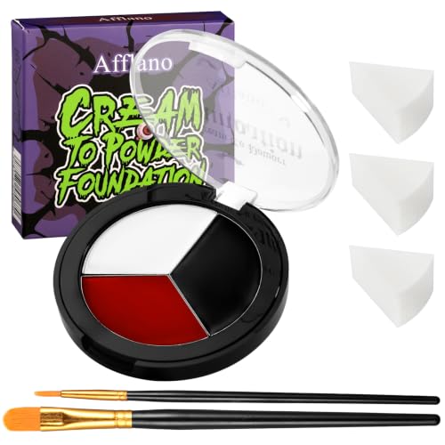Schwarz Weiß Rot Gesichtsfarbe & Körperfarbe –Halloween Clown Schminke #02 | Wasserfeste, Volle Deckkraft, Vegan, Mit 2 Pinseln & 3 Schwämmen. Face Paint für Karneval, Theater, Bühne, Bodypainting