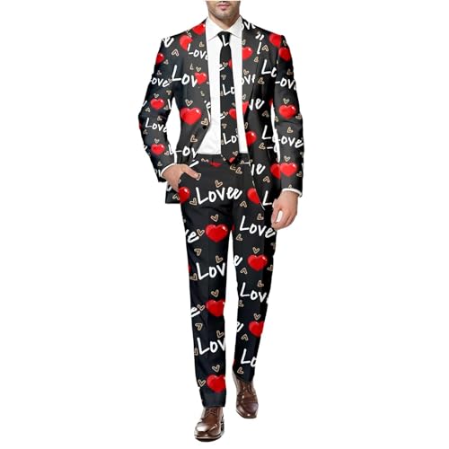 Valentinstag Anzug Herren 2 Teilig Anzugjacke mit Herz-Print Slim Fit Elegante Hochzeits-Smokingjacke Männer Lustig Blazer Sakko Modern Festliche Anzüge Party Suits Mit Knöpfen Herrenanzug 2026