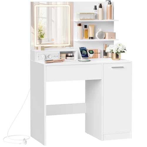 VASAGLE Kailyn Kollektion - Schminktisch, Frisiertisch mit LED-Spiegel und Steckdosenleiste, Kosmetiktisch, Schublade und offene Ablagen, Schrank mit 2 verstellbaren Ablagen, weiß RDT138W01