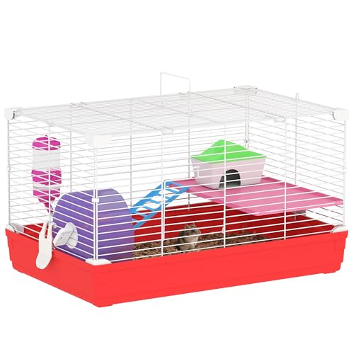PawHut Hamsterkäfig, Nagetierkäfig, 2 Ebenen, abnehmbare Basis für eine einfache Reinigung, Schuppen, Laufrad, Leiter und Schüssel, 47 x 30 x 27 cm, Weiß und Rot