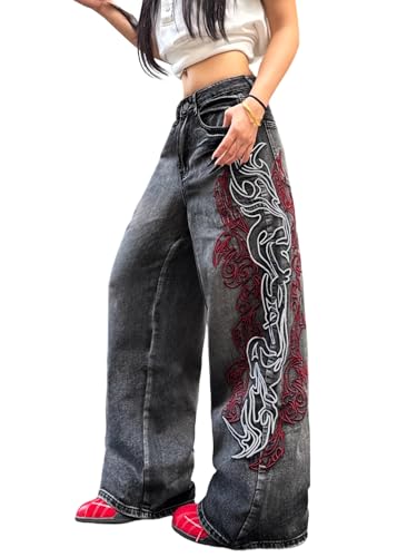 OYICAI Damen Baggy Stickerei Jeans Hip Hop Weite Denim-Hosen,C10 Schwarz,M