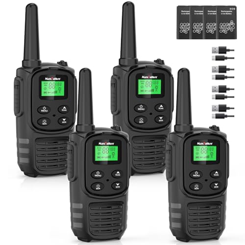 MaxTalker MT10 Walkie Talkie Aufladbar für Erwachsene Kinder Funkgeräte, 1200mAh Li-Ion Batterie, USB-C Kabel, LED Taschenlampe, VOX Funkgeräte für Wandern und Camping,4er Set