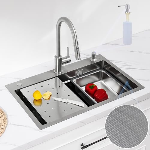 CECIPA Spülbecken Küche aus Edelstahl 70x45 CM, Küchenspüle inkl. Seifenspender und Siphon, Spüle inkl. Ersatz-Innenspüle und Schneidebrett, Waschbecken Küche mit Hahnloch, Einbauspüle für ab 80 cm