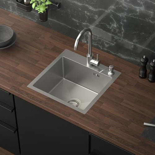 ML-Design Spülbecken Edelstahl 45x45 cm, Küchenspüle eckig, 1 Becken klein, Einbauspüle mit 2 Löchern, Edelstahlspüle mit Ab- und Überlaufgarnitur, Einzelbecken mit Siphon, Waschbecken Küche, Spüle