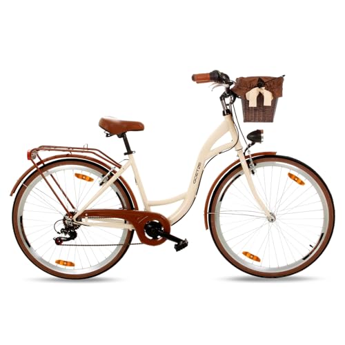 Goetze Mood 28 Zoll Damen Citybike, 18 Zoll Tiefeinsteiger Stahlrahmen, 7-Gang Kettenschaltung, doppelte V-Bremsen, LED-Beleuchtung, Rattankorb, Komfortsattel, mit Seitenständer & Klingel