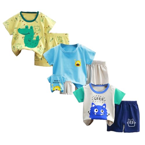 XM-Amigo Baby Jungen 3er Set Kurzarm T-Shirt & Shorts 6 Teilig Atmungsaktiv Mit Schulterknöpfen Cartoons Muster Größe 60/90