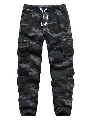 APTRO Herren Cargo Hose Camouflage Hose Elastische Taille Arbeitshose Lange Baumwolle Leichte Hose mit 8 Tachen LT40 Camo Schwarz 3XL