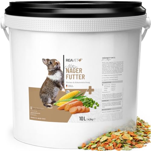 ReaVET Natur Nagerfutter 10 L – Kaninchenfutter, Meerschweinchenfutter auch für Hamster & Mäuse I Artgerecht mit Gemüseflocken, Kräutern, Getreide & Luzerne I Ohne künstliche Zusätze
