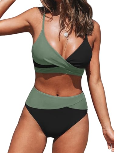 CUPSHE Damen Bikini Set Crossover V Ausschnitt High Waist Tank Bikini Bademode Farbblock Elegant Zweiteiliger Badeanzug Swimsuit Schwarz/Grün M